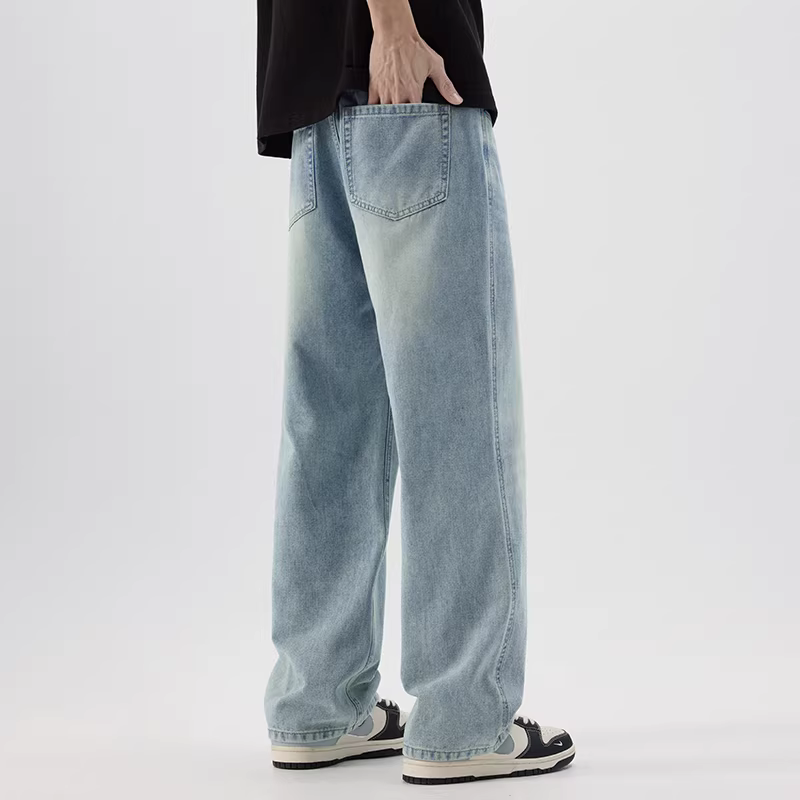 Quần jean denim dày kiểu Mỹ của OMZM dành cho nam, quần ống rộng dáng thẳng mùa hè, phong cách đường phố cổ điển được giặt kiểu cổ điển.