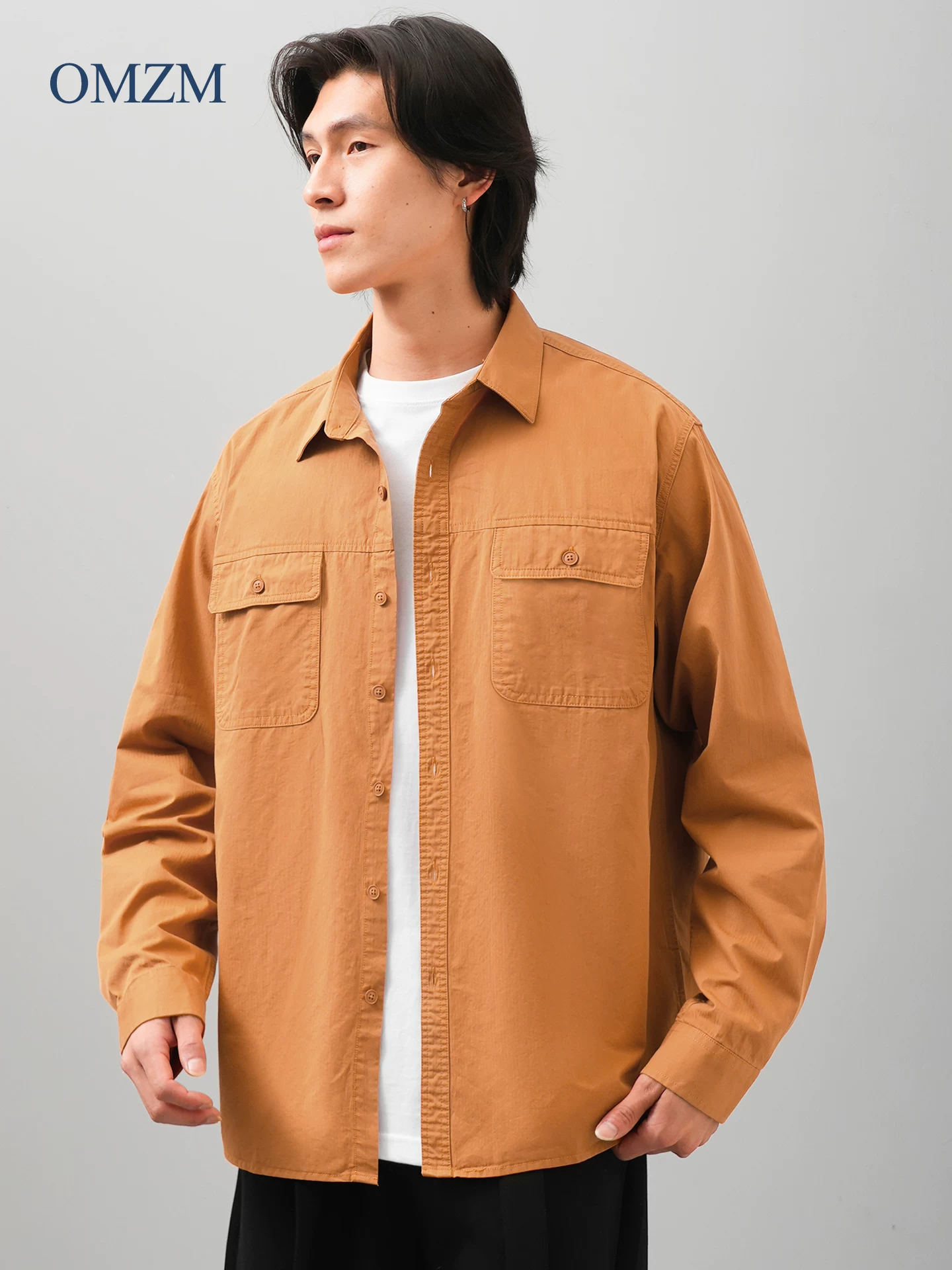 Áo sơ mi dài tay bằng cotton nguyên chất hạng nặng OMZM dành cho nam, áo sơ mi màu trơn có cổ cao cấp phong cách Mỹ mùa thu đông, áo khoác dáng rộng thông thường