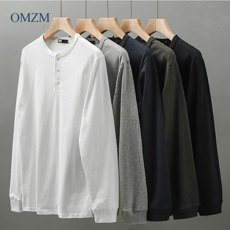 Áo thun cổ Henry nặng 400G ba kim dành cho nam, dài tay, áo len dáng rộng phong cách Mỹ mùa thu, chất liệu cotton nguyên chất, áo trơn màu.