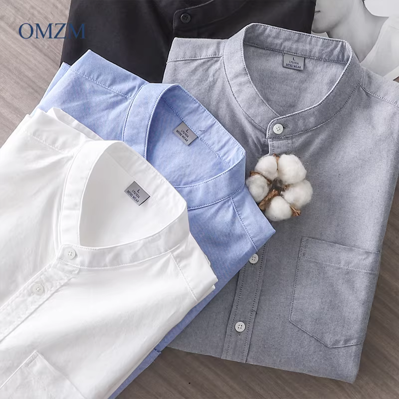 Áo sơ mi Oxford cotton nguyên chất hạng nặng kiểu Mỹ dài tay nam mùa xuân thu áo khoác cao cấp có túi cổ Henry áo sơ mi trắng