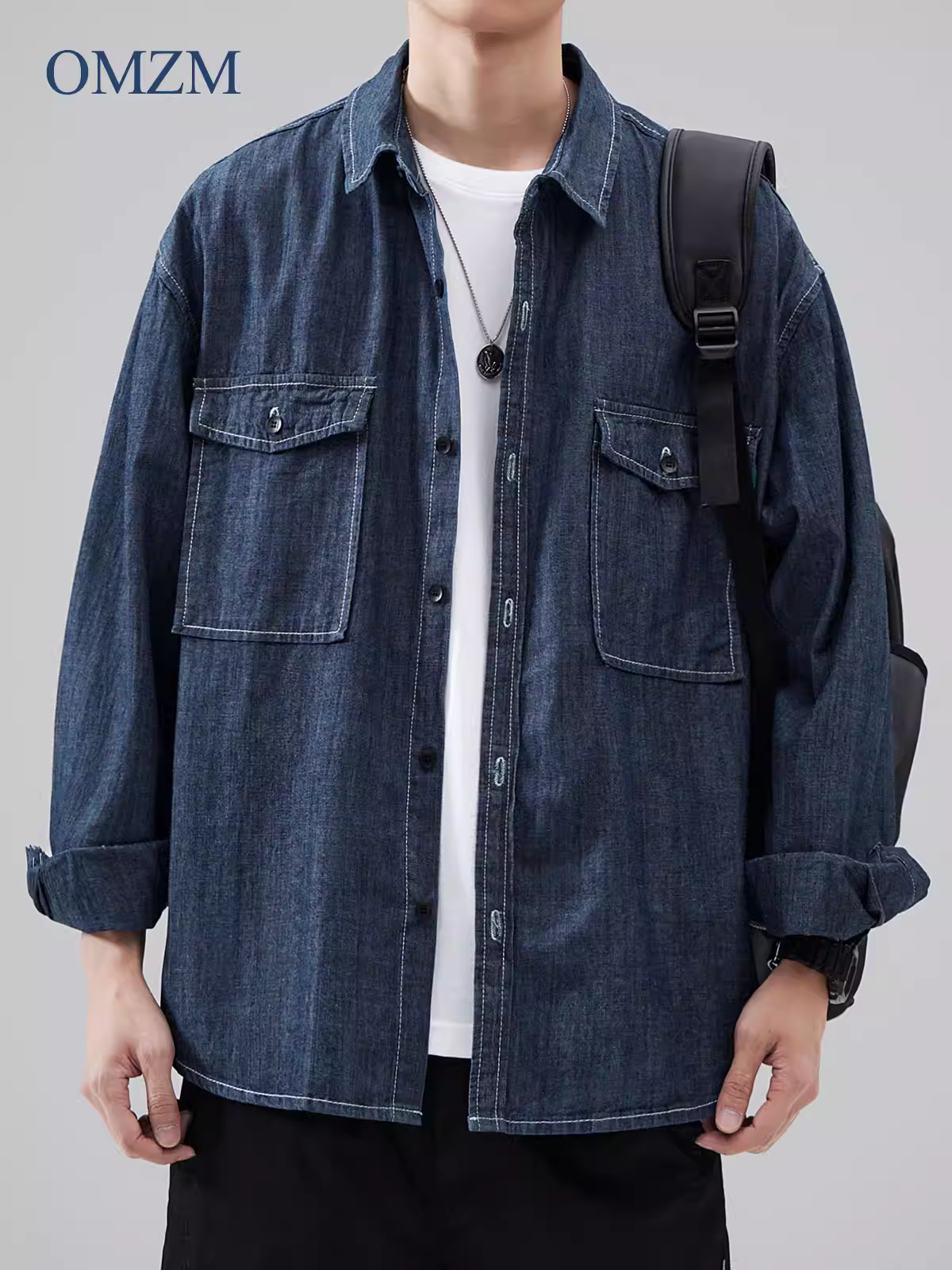 Áo sơ mi denim hạng nặng OMZM dành cho nam, áo khoác công sở màu xanh đậm được giặt theo phong cách cổ điển mùa thu, áo khoác cổ bẻ thông thường, hợp thời trang