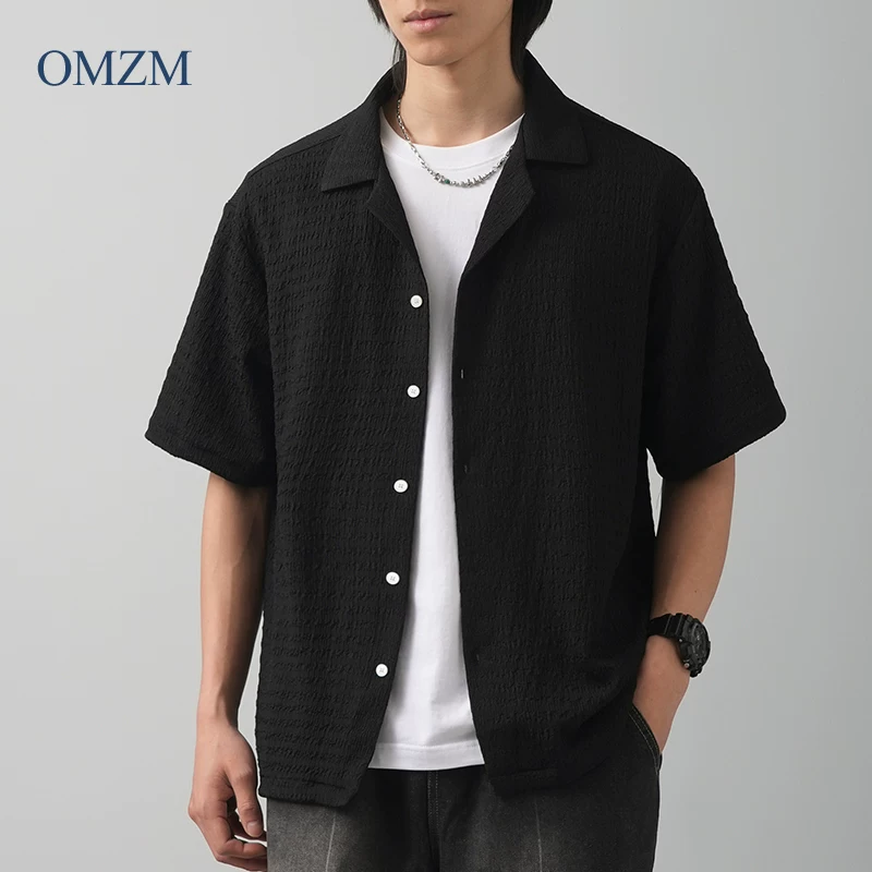 Áo sơ mi nam cổ Cuba chất liệu OMZM, tay ngắn, dáng rộng, chất liệu mềm mại, chống nhăn, không cần là ủi.