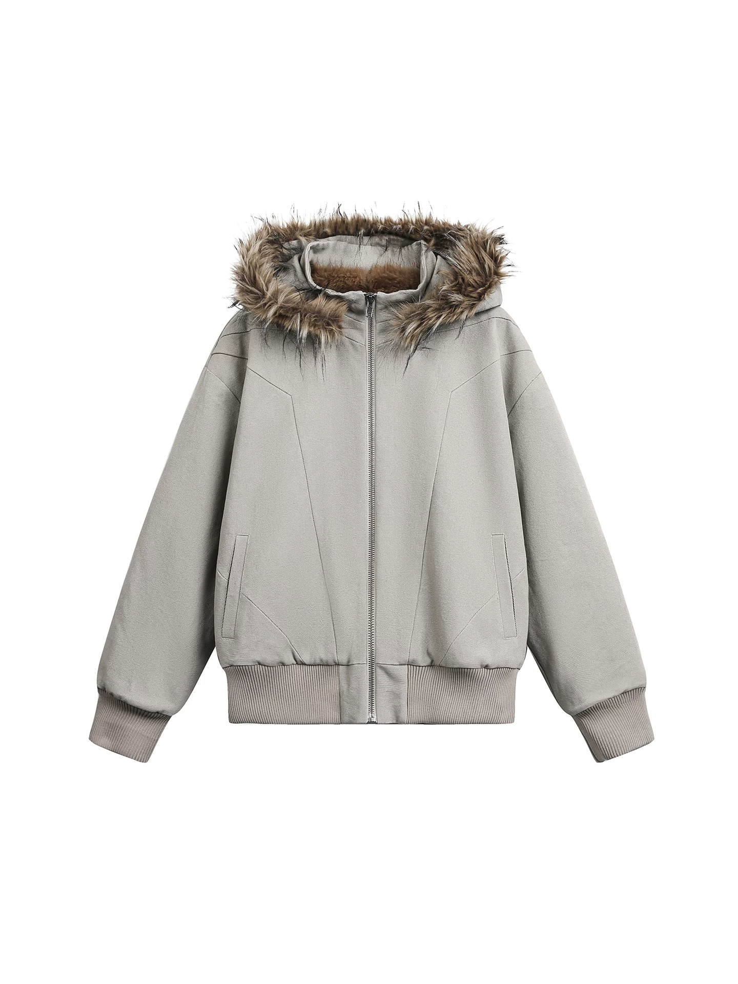 Áo khoác nam OMZM có cổ lông dày, áo khoác phao giữ ấm lót lông cừu mùa đông, áo khoác có khóa kéo phong cách đường phố cá tính