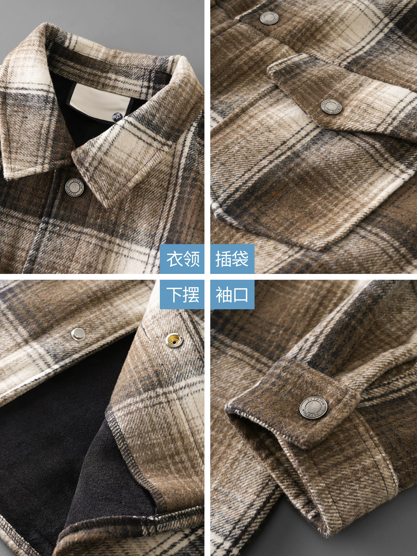 Áo sơ mi kẻ sọc lót lông cừu OMZM750G dành cho nam, áo khoác dày dặn giữ ấm mùa đông, áo sơ mi họa tiết phong cách retro Anh quốc