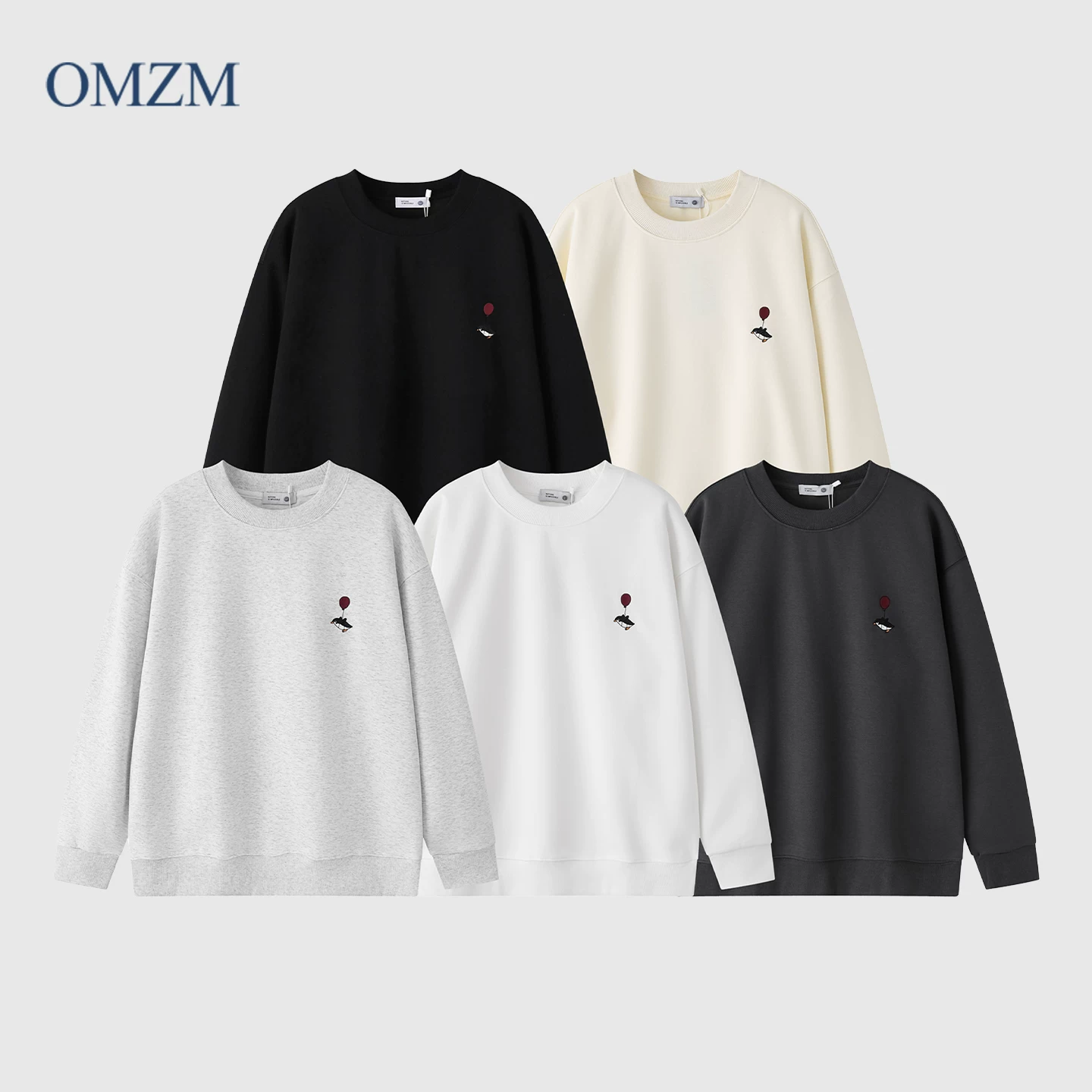 Áo nỉ cổ tròn hạng nặng OMZM dành cho nam, áo len chui đầu thêu đường phố cao cấp kiểu Mỹ mùa thu, áo khoác dài tay rộng rãi không mũ trùm đầu