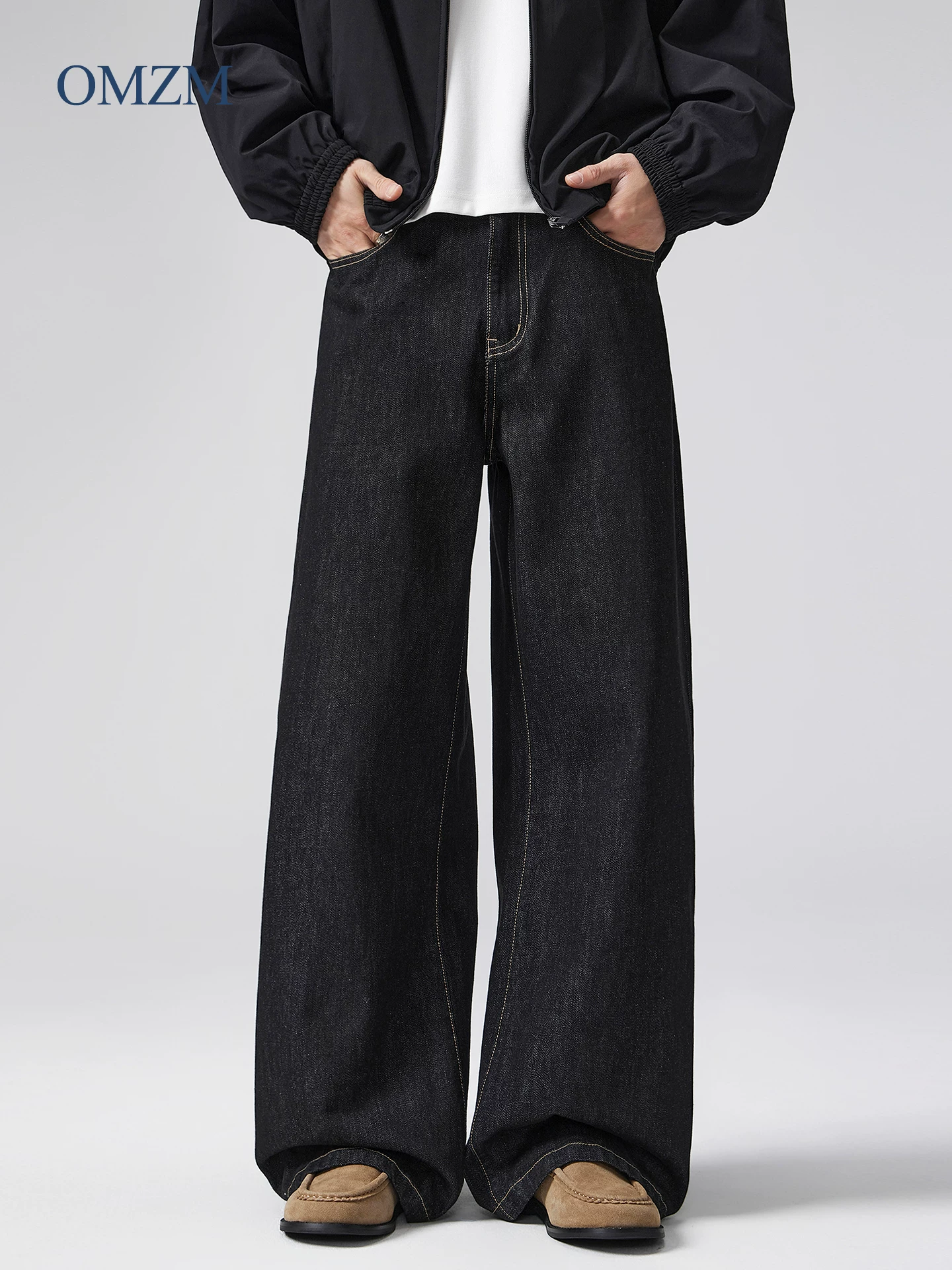 OMZM retro denim màu gốc quần jean nam mùa đông cổ điển phong cách Mỹ quần ống rộng quần ống rộng