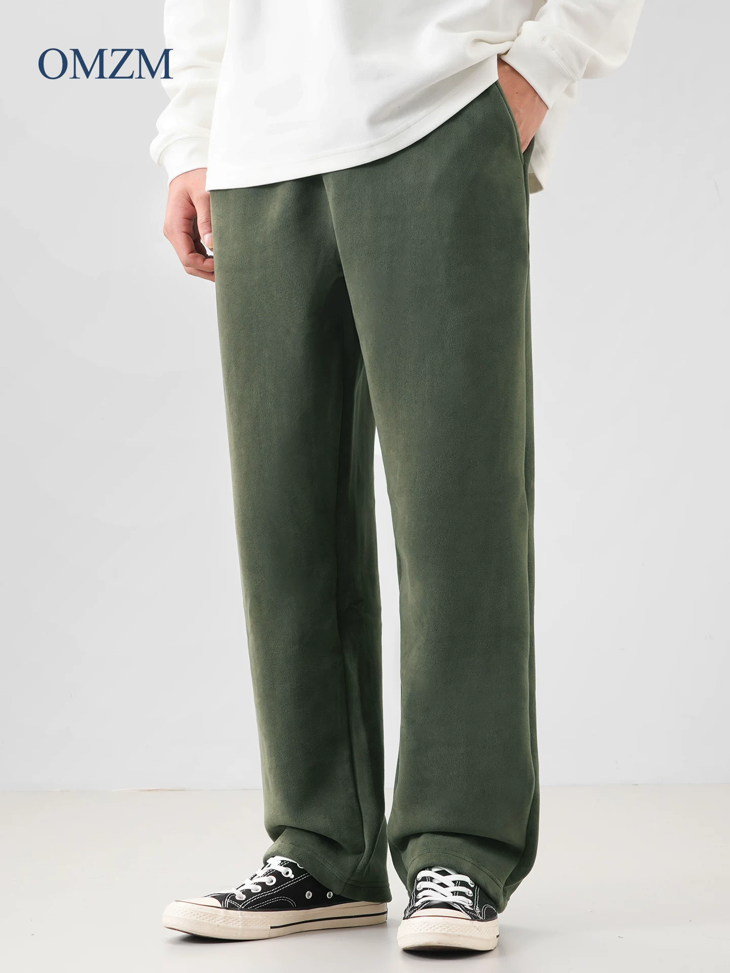 Quần thể thao lông cừu hạng nặng kiểu Mỹ OMZM dành cho nam, quần thường ngày dày dặn lót lông cừu mùa đông, quần ống rộng dáng thẳng rộng.