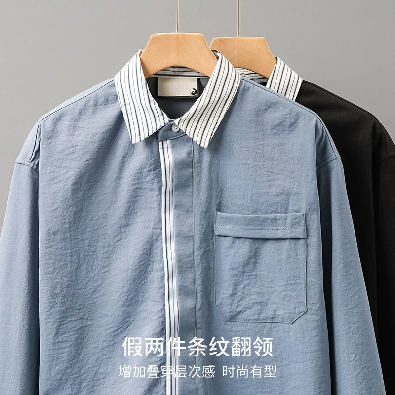 Áo sơ mi nam giả hai mảnh kiểu Mỹ tay dài, thiết kế mới xuân thu 2025, phối màu sọc, áo khoác thường ngày