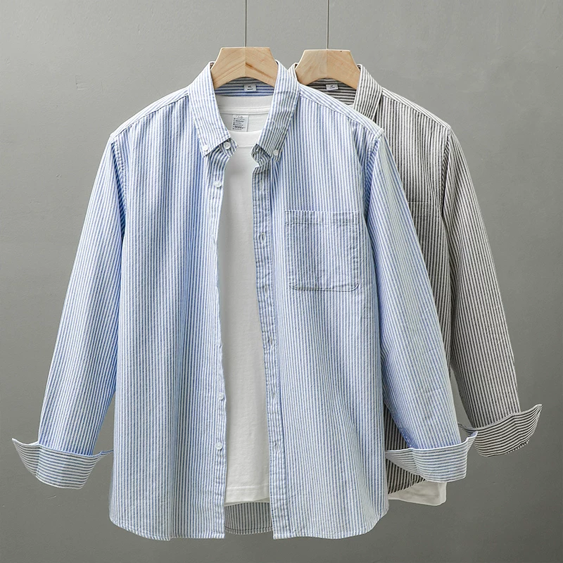 Áo sơ mi sọc hạng nặng kiểu Mỹ dành cho nam, dài tay, mùa thu, cảm giác cao cấp, phong cách giản dị Nhật Bản, phong cách giản dị kiểu muối, áo khoác mỏng