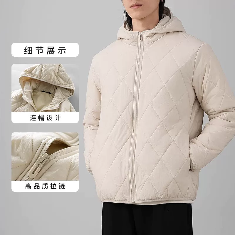 Áo khoác cotton có mũ trùm đầu họa tiết kim cương OMZM dành cho nam, quần áo cotton dày dặn ấm áp mùa đông, lớp lót bên trong màu trơn, áo khoác nhẹ, áo khoác độn bông.