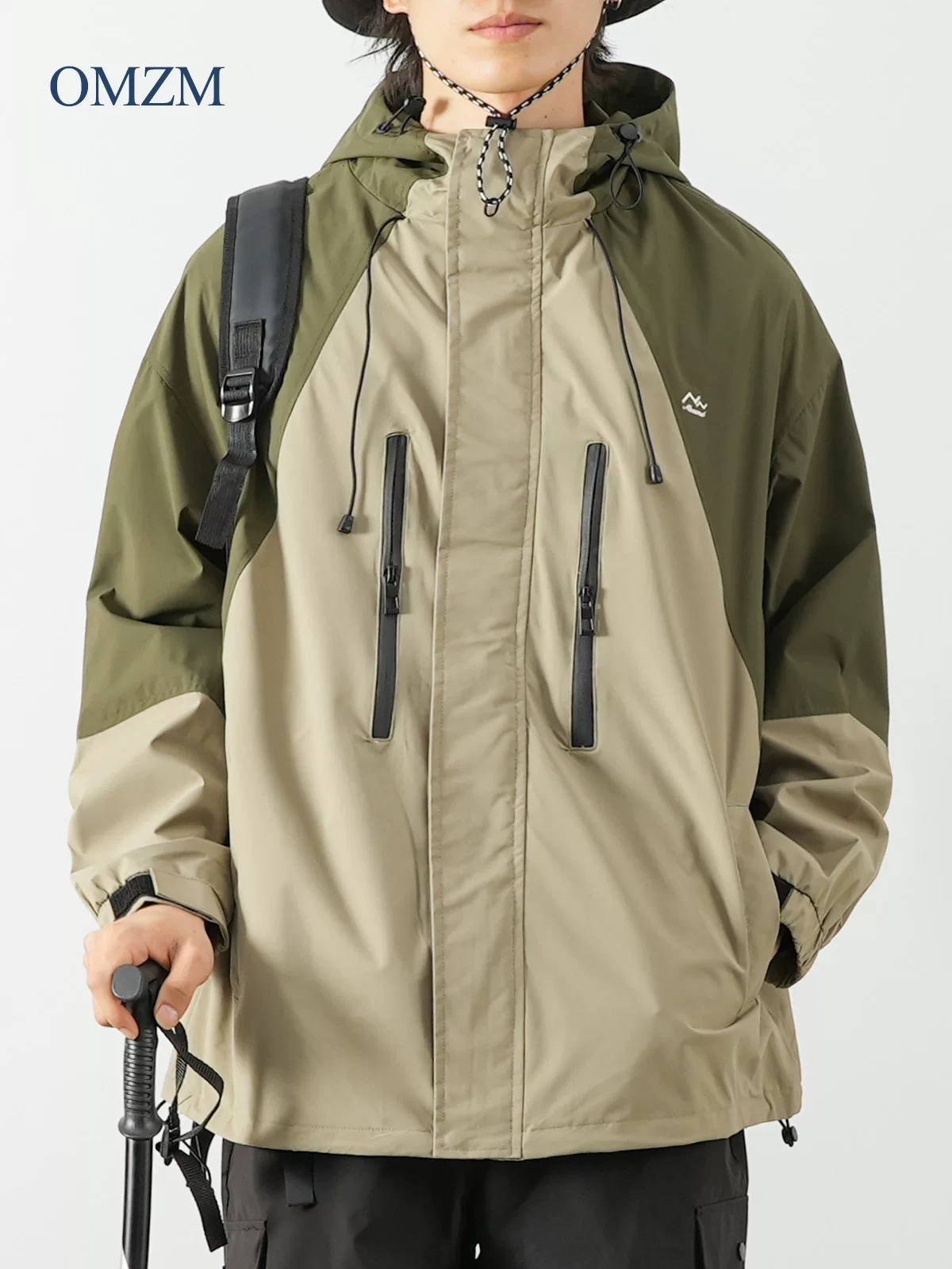 Áo khoác ngoài trời có mũ trùm đầu hạng nặng OMZM dành cho nam, áo khoác chắp vá phối màu theo phong cách núi non, áo khoác chức năng kiểu Mỹ dành cho cặp đôi, hợp thời trang