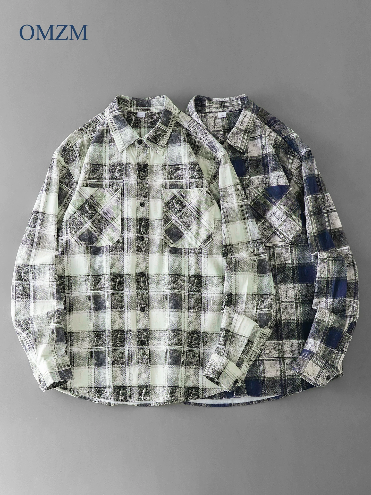 OMZM nguyên chất cotton kẻ sọc áo sơ mi nam mùa thu Mỹ retro dài tay nhuộm màu dáng rộng ve áo mỏng cao cấp áo khoác