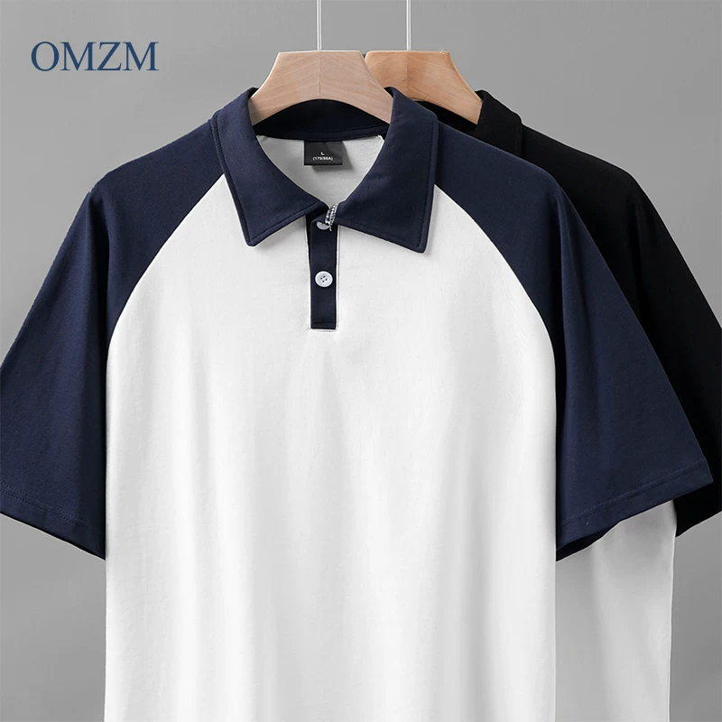 Áo sơ mi POLO ngắn tay bằng vải cotton nguyên chất hạng nặng OMZM300G dành cho nam giới trong mùa hè, áo sơ mi polo tay lửng màu tương phản phong cách Mỹ