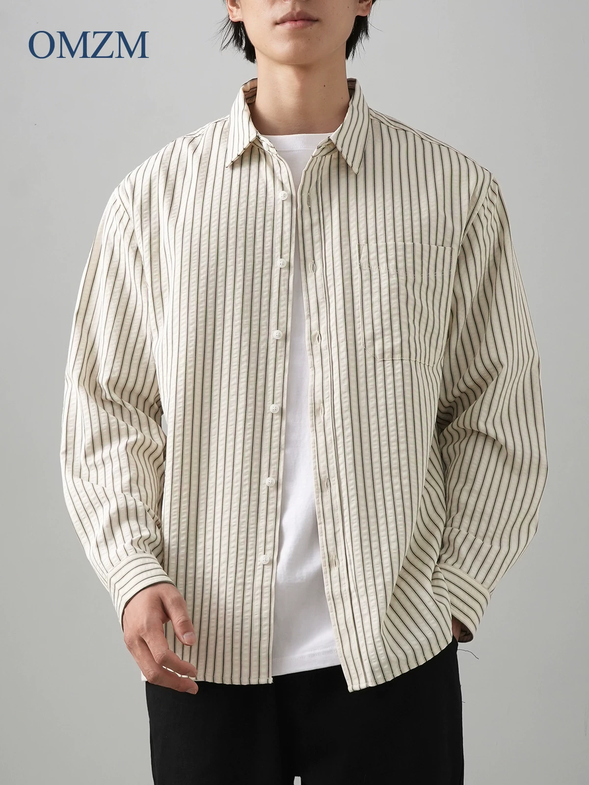 OMZM Lyocell Tencel Áo Sơ Mi Sọc Nam Dài Tay Thu Đông Xu Hướng Quốc Gia Áo Sơ Mi Retro Rời Áo Mỏng Thường Ngày