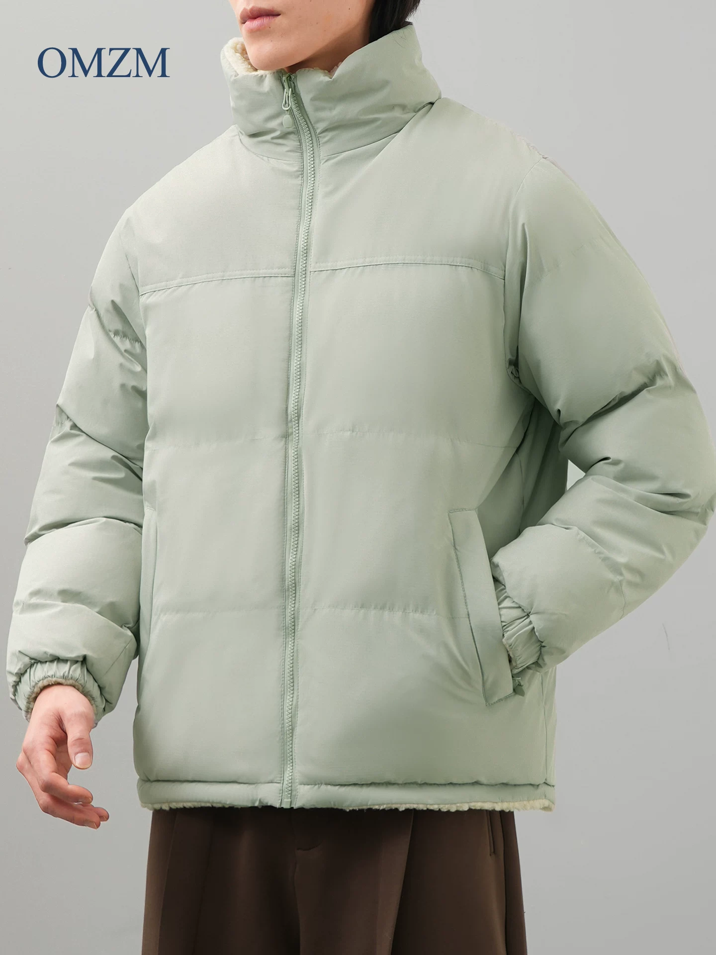 Áo khoác cotton cổ đứng có thể đảo ngược OMZM dành cho nam, áo khoác lông cừu dày kiểu Mỹ mùa đông, dáng rộng, lót lông cừu, áo khoác phao ấm áp.