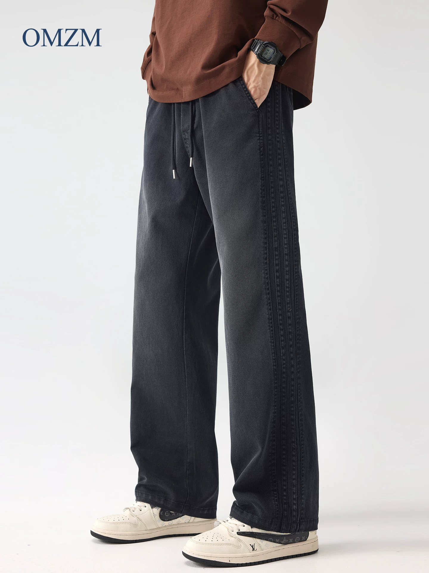 Quần jean lót lông cừu OMZM dành cho nam, quần ống rộng kiểu Mỹ mùa thu đông, quần ống rộng dáng thẳng, quần lyocell.