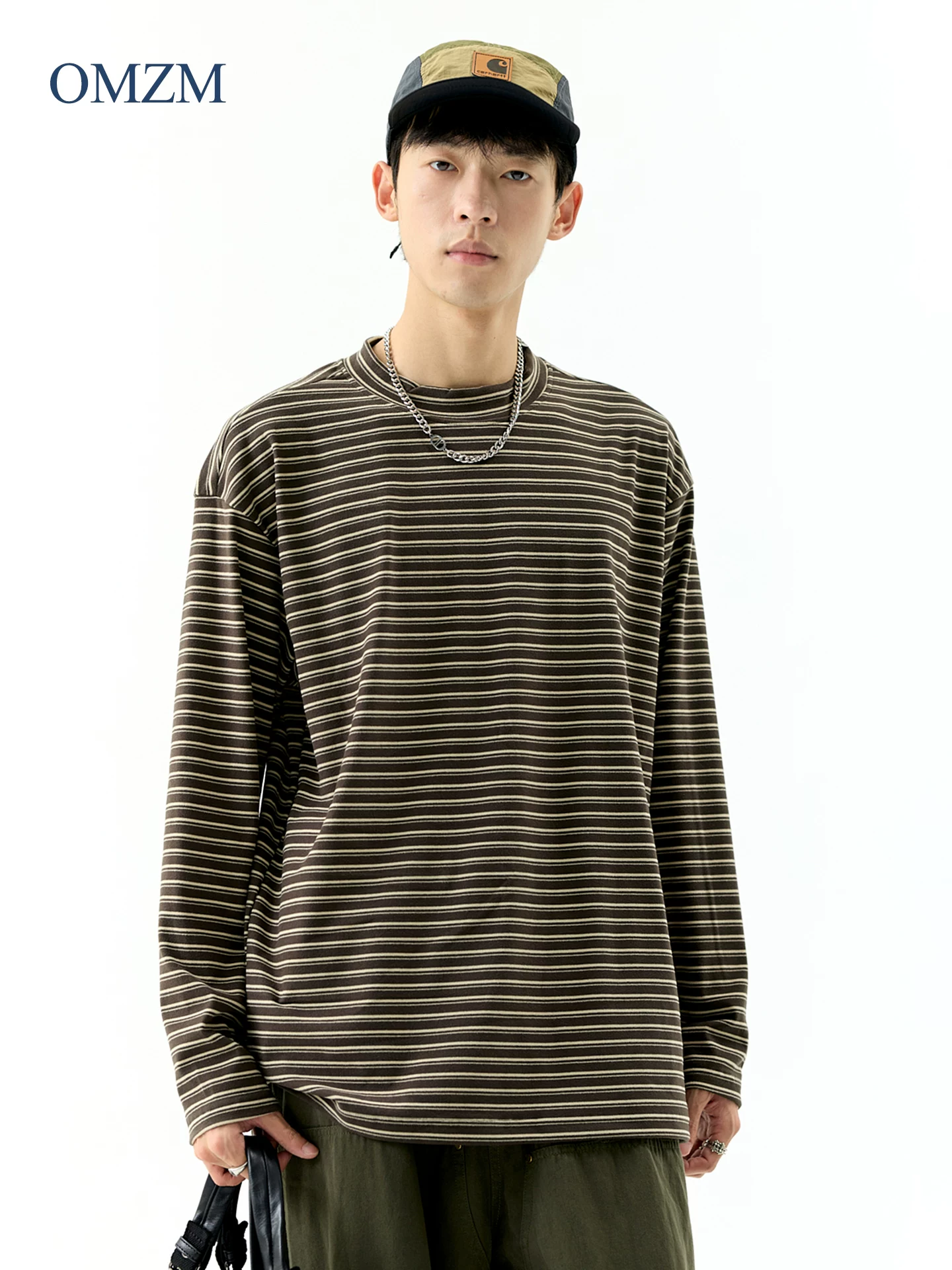 OMZM300G hạng nặng Đức nhung lớp nền áo thun nam mùa thu cổ cao nửa cổ áo thun dài tay sọc cổ điển Mỹ