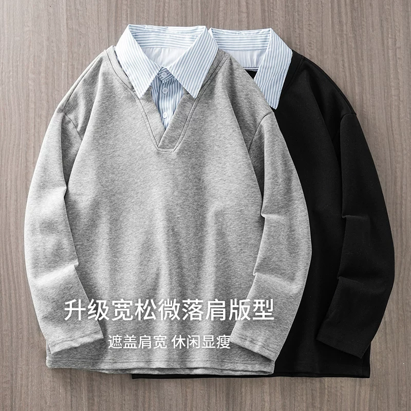 Áo nỉ giả hai mảnh hạng nặng kiểu Mỹ của OMZM dành cho nam, áo chui đầu cổ áo chắp vá mùa xuân và mùa thu, áo khoác dài tay rộng rãi