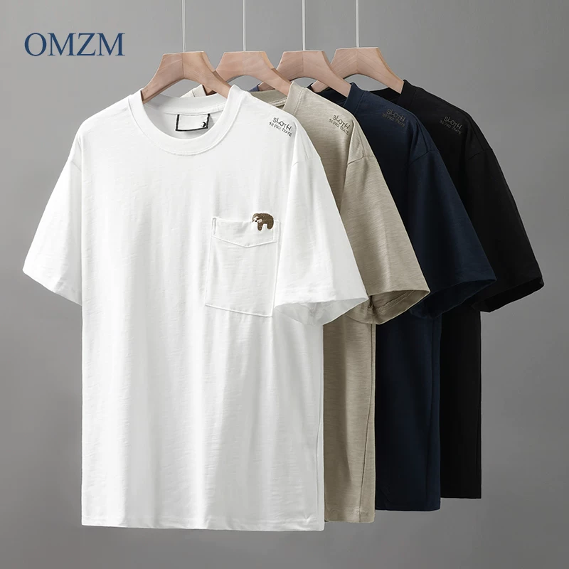 Áo thun ngắn tay bằng vải cotton tre hạng nặng OMZM250G dành cho nam, áo thun cổ tròn dáng rộng thêu nửa tay phong cách Mỹ mùa hè dành cho cặp đôi