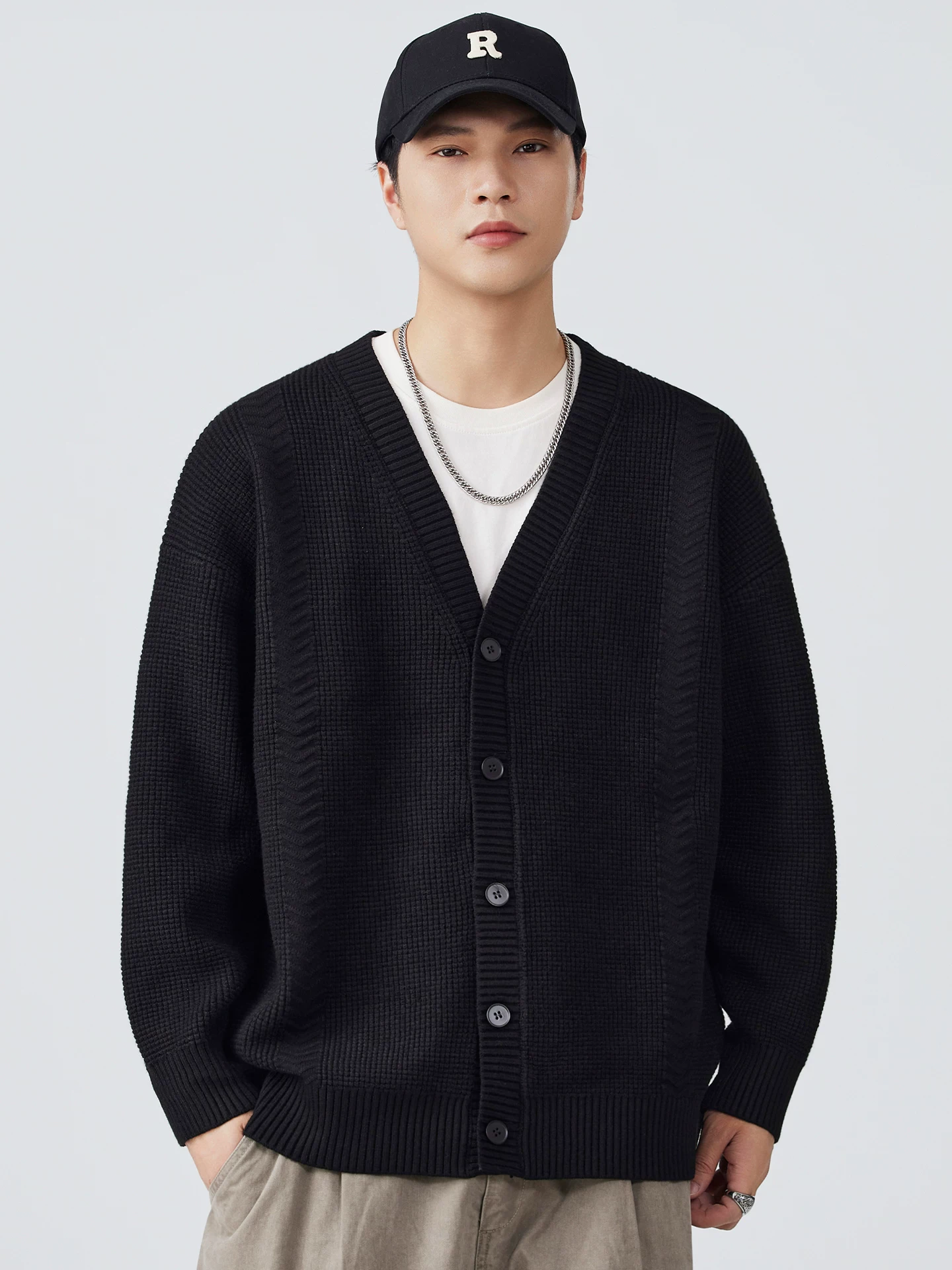 Áo khoác cardigan dệt kim cổ OMZMV dành cho nam, áo len dày nặng 800G phong cách Mỹ mùa thu, áo khoác dài tay đơn giản