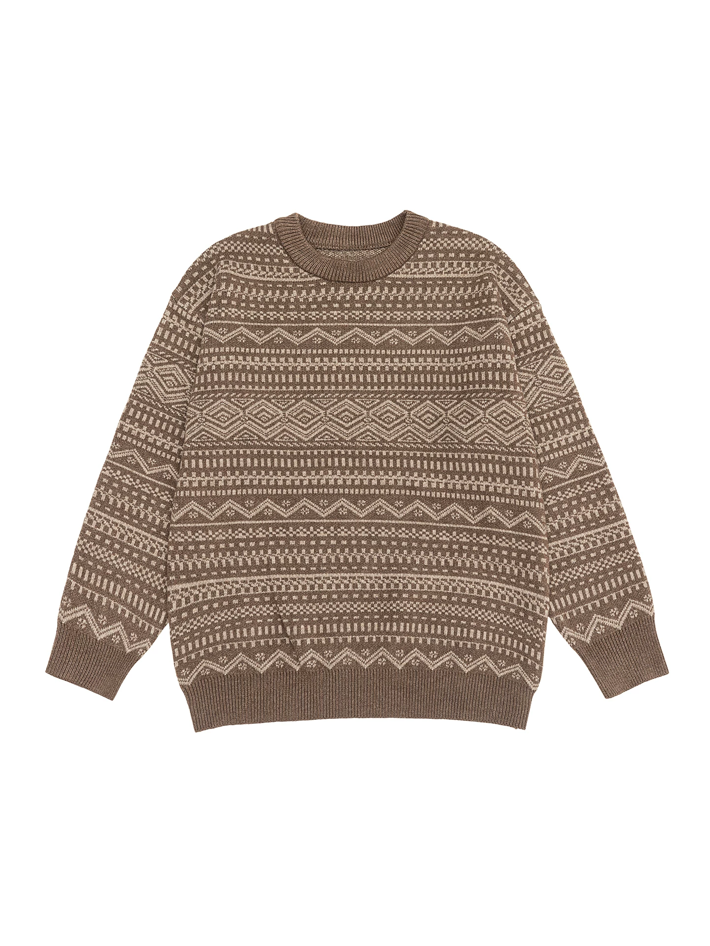 Áo len dệt kim OMZM Fair Isle dành cho nam, Áo len cổ điển kiểu Mỹ nặng 800G mùa thu, Áo len cổ tròn kiểu Jacquard rộng rãi.