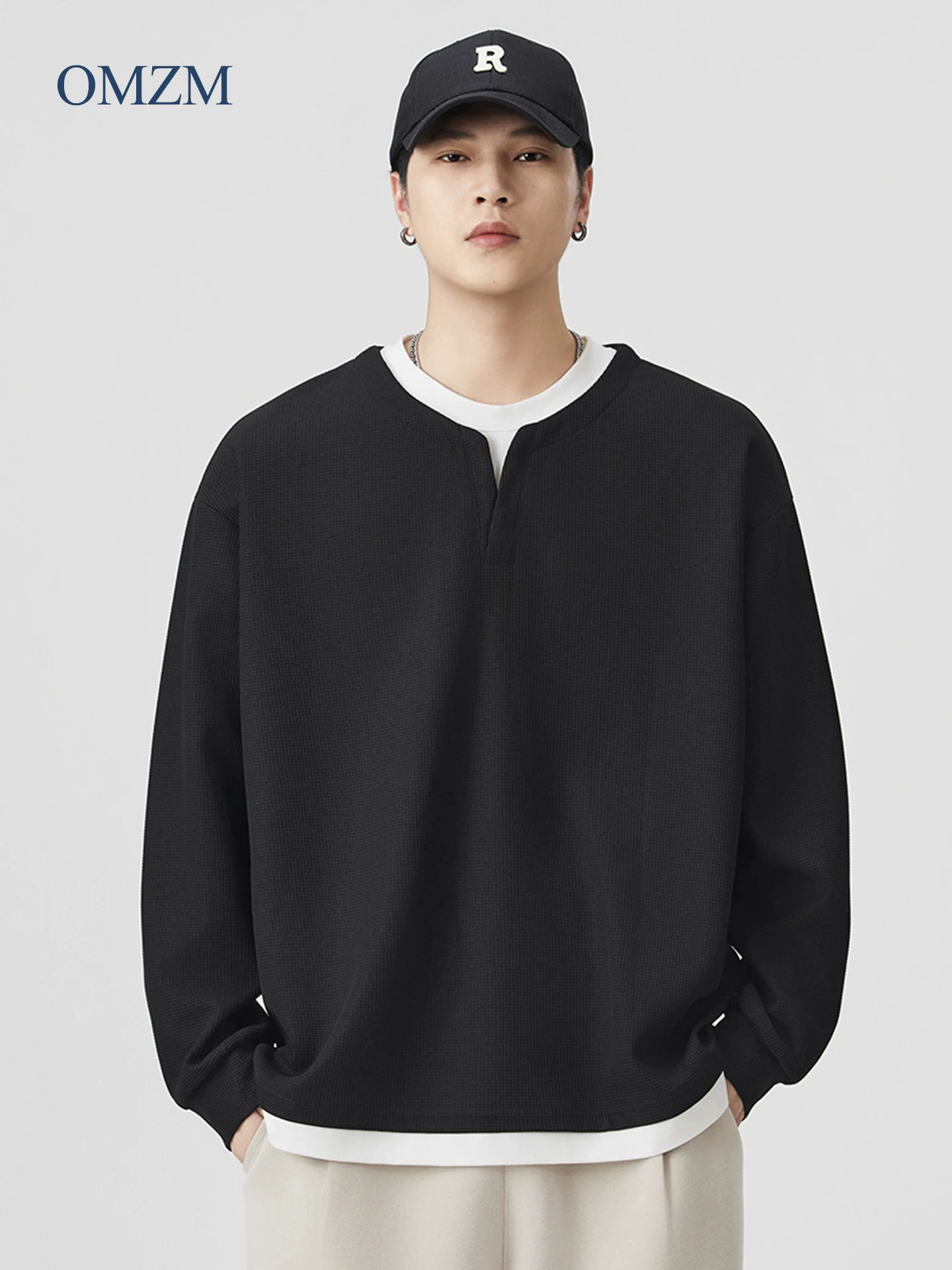 Áo nỉ giả hai mảnh hạng nặng OMZM dành cho nam, áo sơ mi henley cổ chữ V kiểu waffle mùa thu với áo sơ mi dài tay phối màu