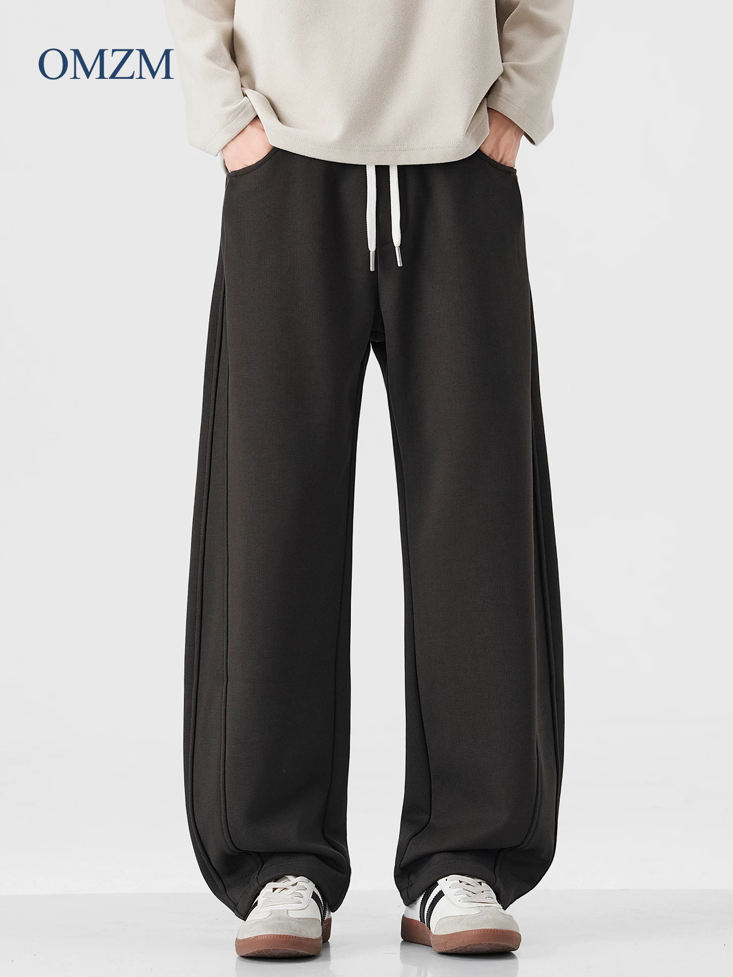 Quần thể thao lót lông cừu hạng nặng OMZM480G dành cho nam, quần ống thẳng thông thường giữ nhiệt dày dặn mùa đông, quần ống rộng kiểu kiếm.