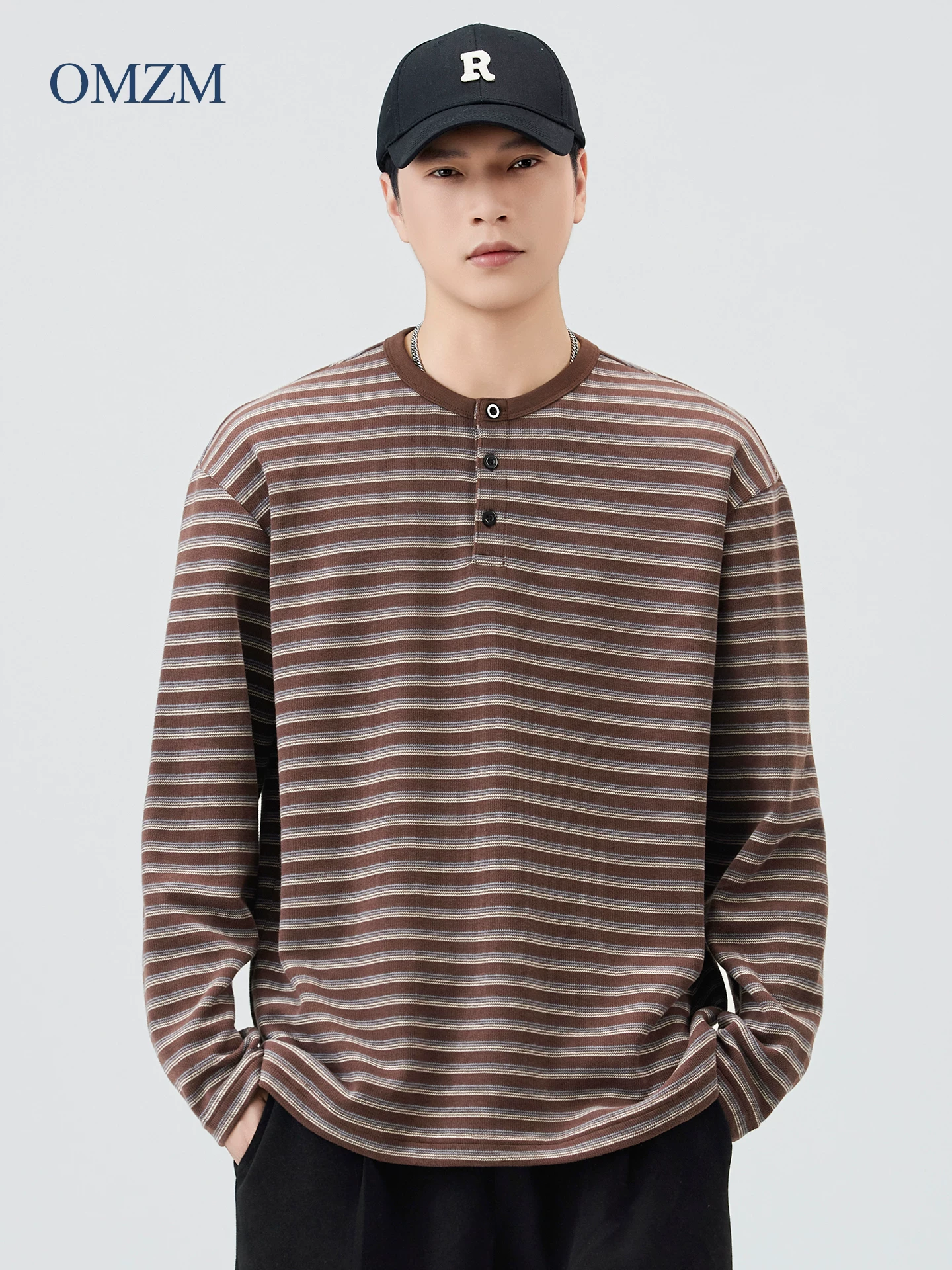 Áo len sọc cổ Henry kiểu Mỹ của OMZM dành cho nam, áo sơ mi cơ bản dài tay đơn giản, đa năng, mới, thoải mái cho mùa thu đông.