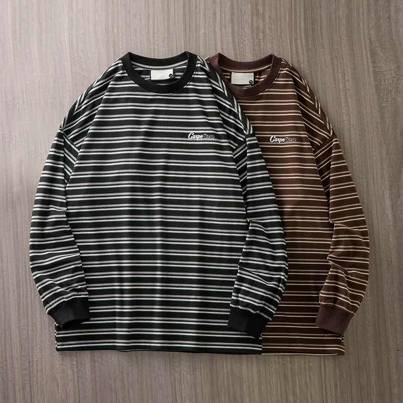 Áo thun dài tay sọc nhung dày OMZM dành cho nam, áo len cổ tròn dáng rộng mùa đông 2024, áo lót dày dặn và ấm áp, hợp thời trang.