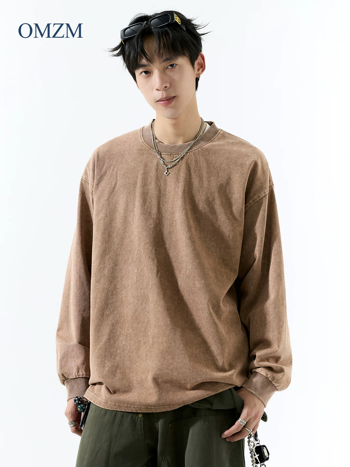 Áo thun nam tay dài chất cotton 100% dày dặn 320G, kiểu dáng cổ tròn rộng rãi, phong cách Mỹ cổ điển, chất liệu vintage đã qua xử lý, thích hợp cho mùa thu.