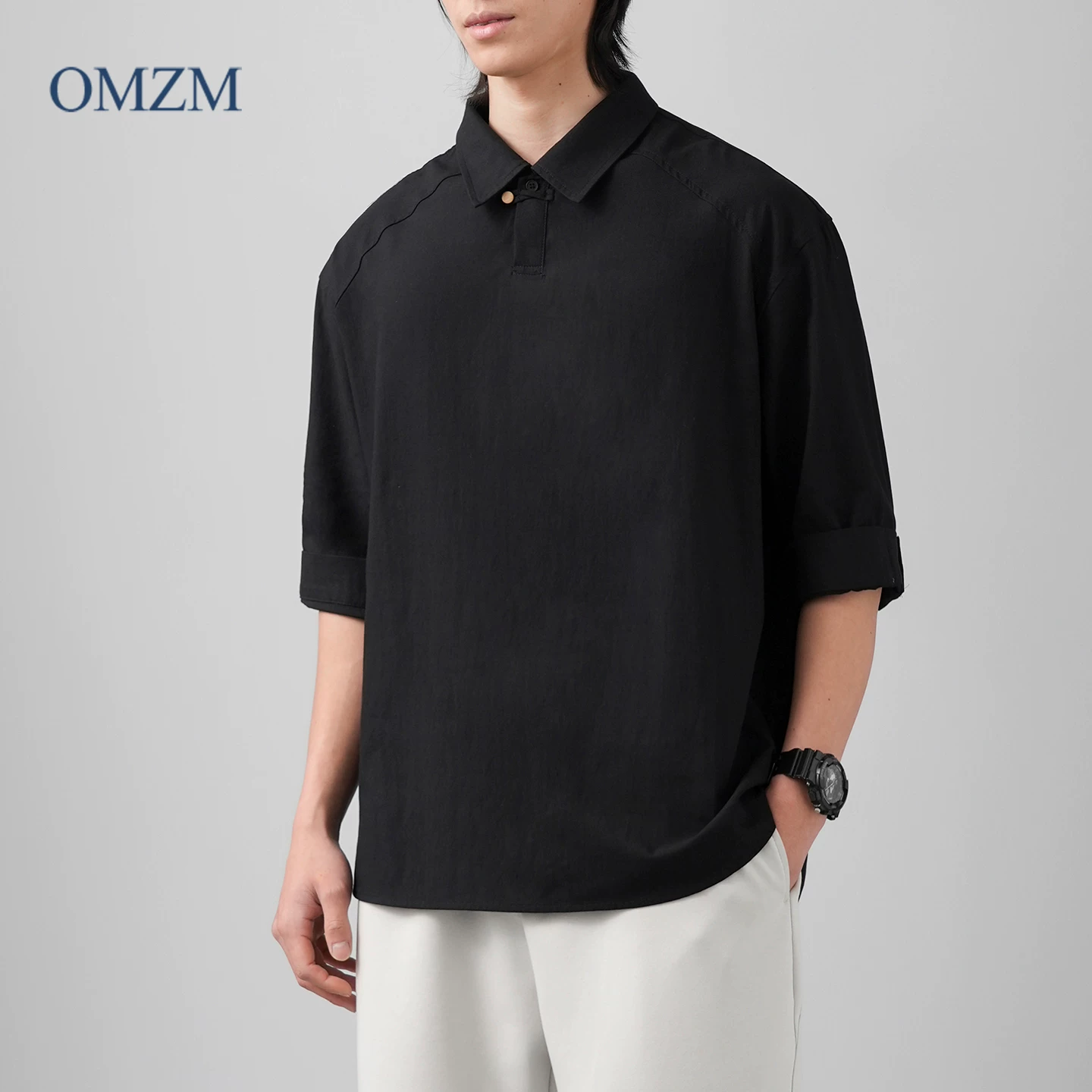 Áo sơ mi POLO ngắn tay bằng vải cotton và vải lanh ba phần tư của OMZM dành cho nam, áo thun có cổ rộng mùa hè, áo sơ mi nửa tay bằng vải lanh thoáng khí