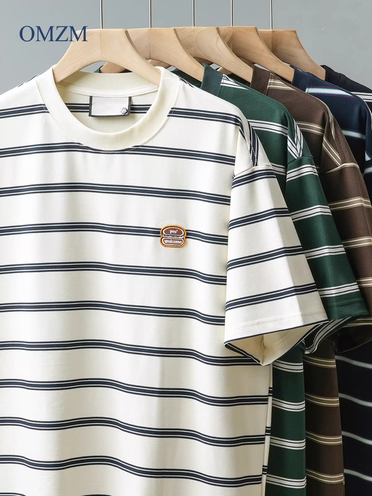 Áo thun sọc hạng nặng OMZM260G dành cho nam, tay ngắn, thêu hình bánh hamburger kiểu Mỹ mùa hè, cổ tròn rộng, tay lửng cặp đôi hợp thời trang