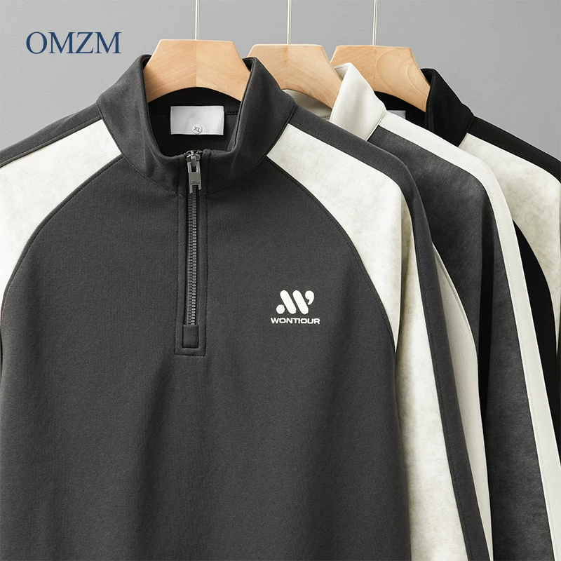 Áo nỉ nửa khóa kéo hạng nặng OMZM360G dành cho nam, áo chui đầu tay raglan phối màu mùa xuân, áo khoác thêu cổ đứng rộng rãi