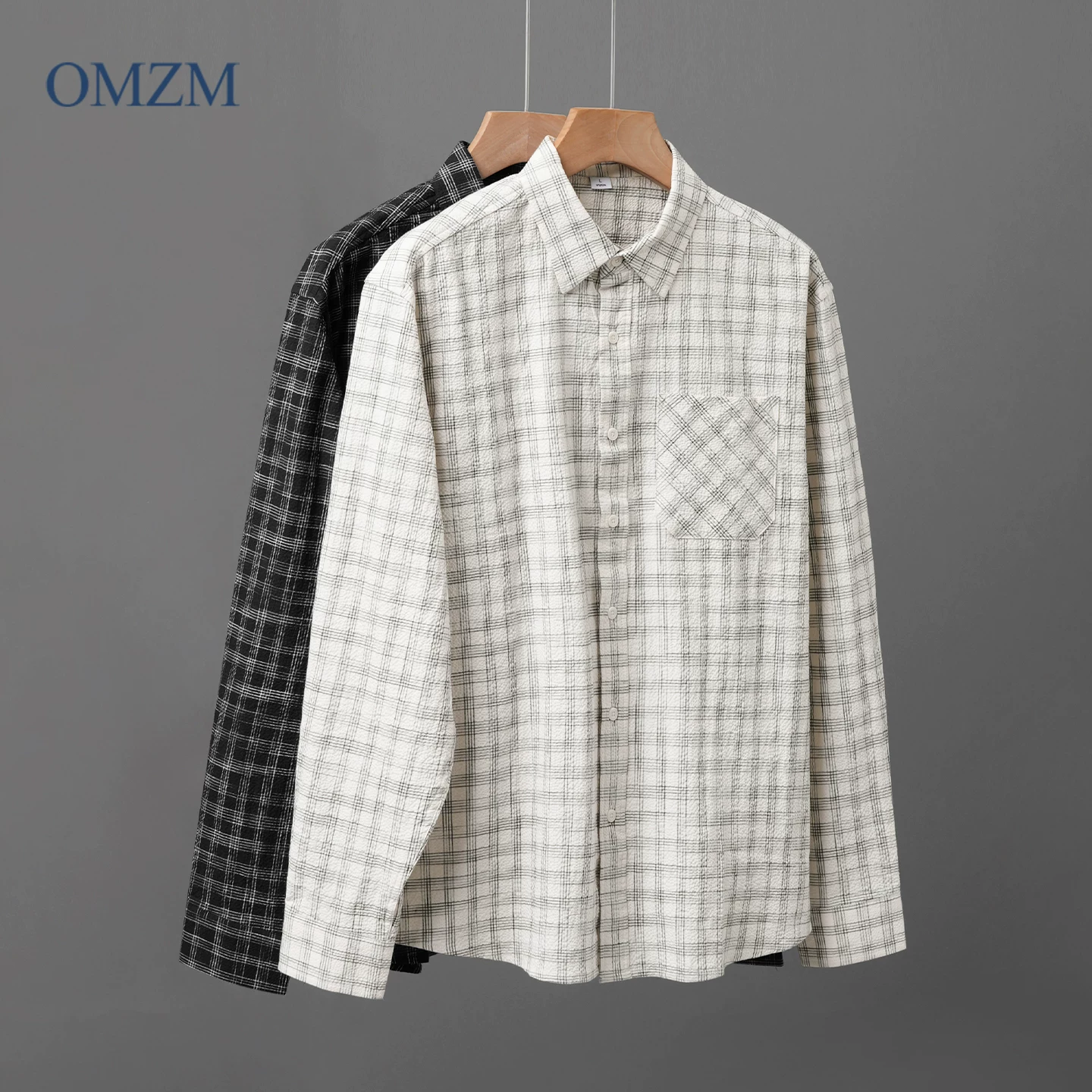 Áo sơ mi kẻ sọc bong bóng OMZM dành cho nam, dài tay, mùa thu, phong cách Nhật Bản, nghệ thuật, dáng rộng, áo sơ mi oversized, áo khoác có cổ