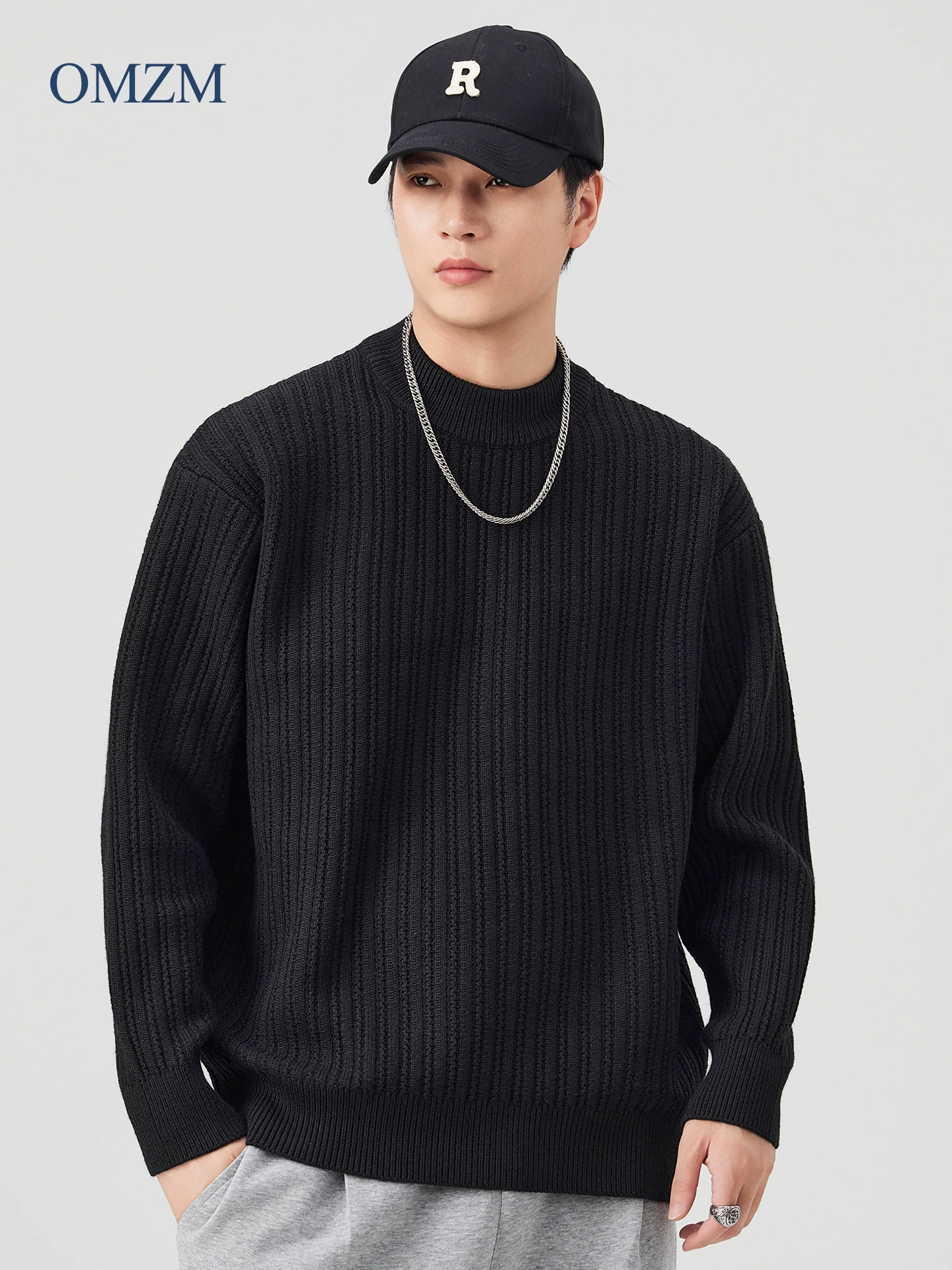 Áo len cổ lọ nửa cổ OMZM dành cho nam, áo len cổ trung bình dệt kim dày mùa thu đông, áo sơ mi đan len bên trong phong cách giản dị