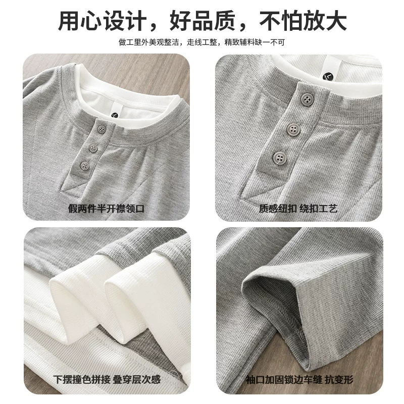 Áo thun nam tay dài cổ Henry giả hai lớp, chất liệu dày 400G, kiểu dáng cao cấp mùa xuân, chất liệu vải waffle dệt kim, áo trơn màu cơ bản
