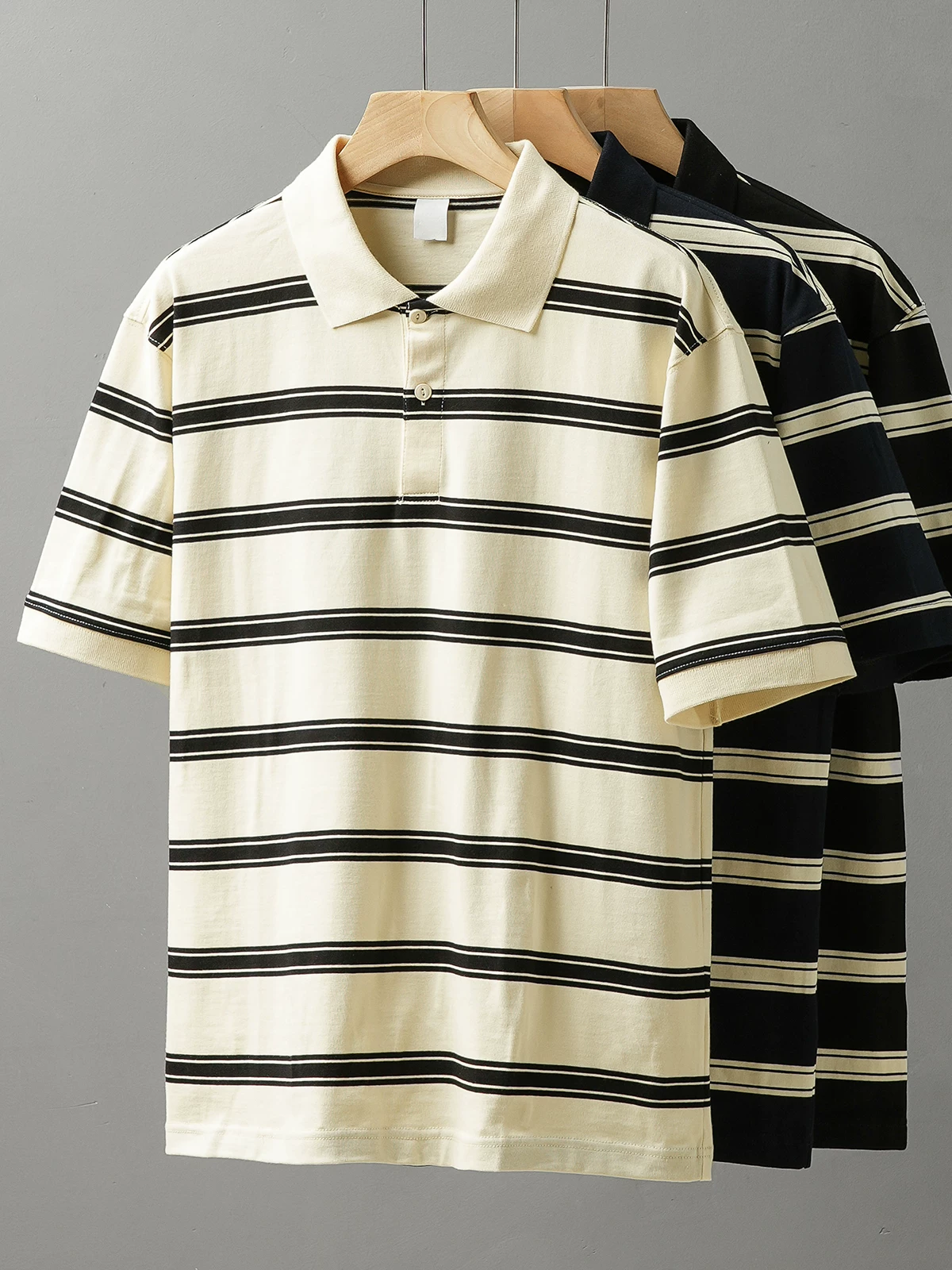 OMZM phong cách Mỹ 320G áo sơ mi cotton nặng POLO tay ngắn nam mùa hè áo thun dáng rộng có cổ sọc đen nửa tay hợp thời trang