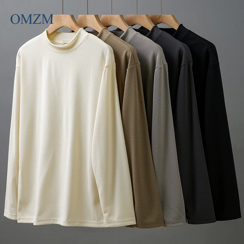 Áo thun dài tay sọc dọc hạng nặng OMZM dành cho nam, phong cách mới mùa thu đông 2024, áo chui đầu cổ tròn dáng rộng, áo sơ mi trơn màu.