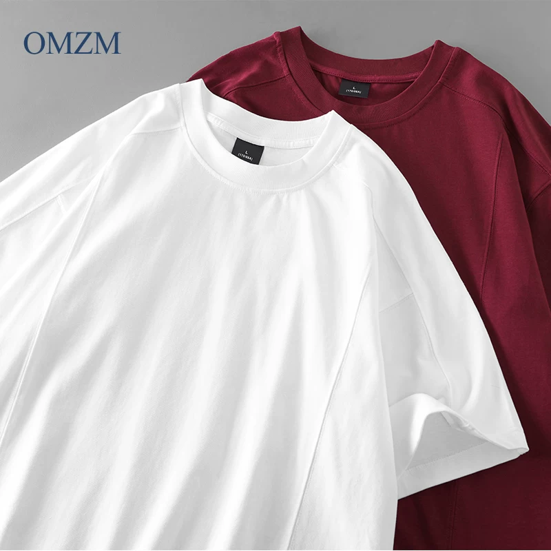 Áo thun nam tay ngắn bằng cotton nguyên chất hạng nặng OMZM300G, áo thun chắp vá theo phong cách Mỹ mùa hè với thiết kế thể thao và tay áo ngắn.