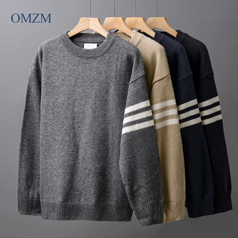 Áo len cổ tròn ba sọc OMZM dành cho nam, áo len dệt kim dày dặn ấm áp mùa đông, áo len dệt kim dáng rộng và giản dị.