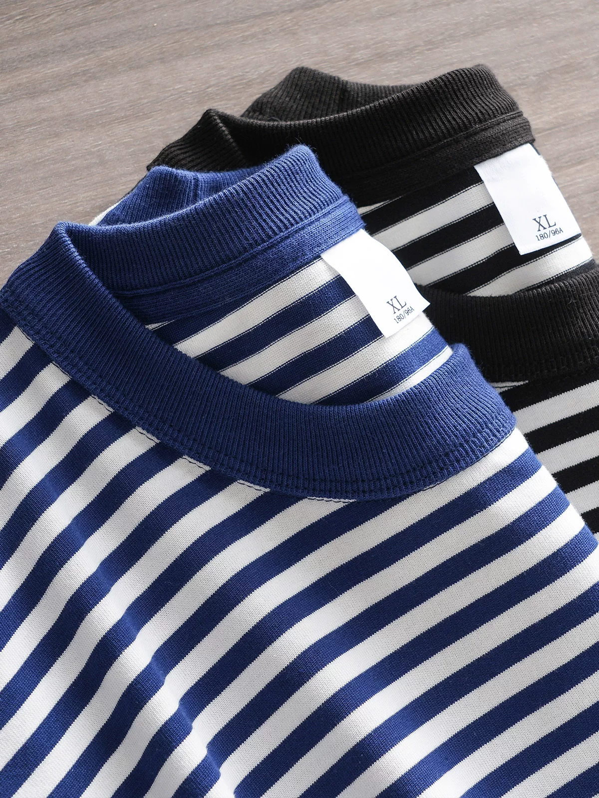 Áo sơ mi thủy thủ bằng cotton nguyên chất, áo thun ngắn tay nặng 400G được may ba lớp dành cho nam, áo thun cổ tròn sọc đen trắng cổ điển mùa hè kiểu Mỹ.