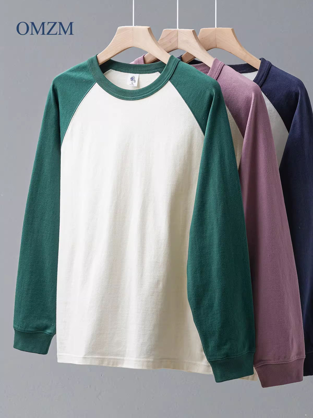 Áo thun dài tay tay raglan nặng 400g dành cho nam và nữ, dáng rộng mùa xuân thu, áo len cổ tròn phối màu, áo sơ mi cotton nguyên chất kiểu Mỹ.