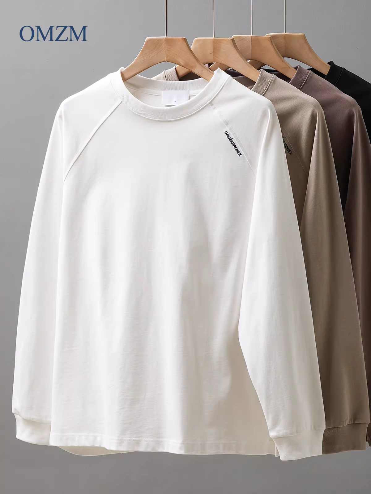 Áo thun dài tay bằng vải cotton nguyên chất hạng nặng 320G dành cho nam, áo sơ mi thêu chữ phong cách Mỹ mùa xuân và mùa thu, áo len cổ tròn