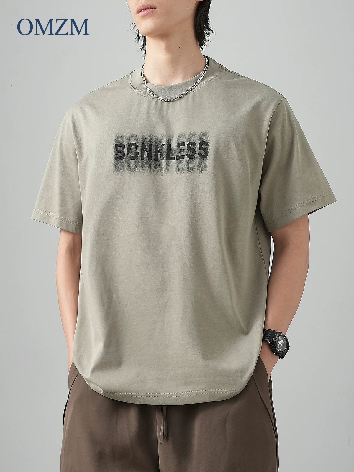 Áo thun ngắn tay hạng nặng 230G phong cách Mỹ OMZM dành cho nam và nữ, áo thun cặp đôi dáng rộng in chữ mùa hè
