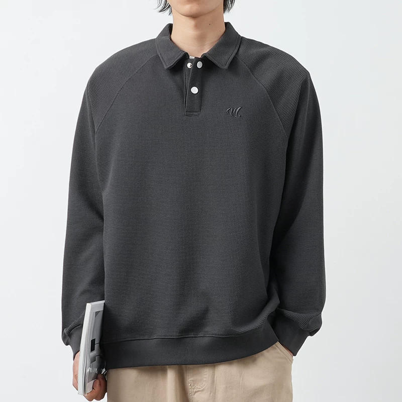 Áo thun nam OMZM kiểu Mỹ, chất liệu vải waffle dày 340G, cổ áo kiểu polo thêu, dáng rộng, mùa thu, áo lót dài tay