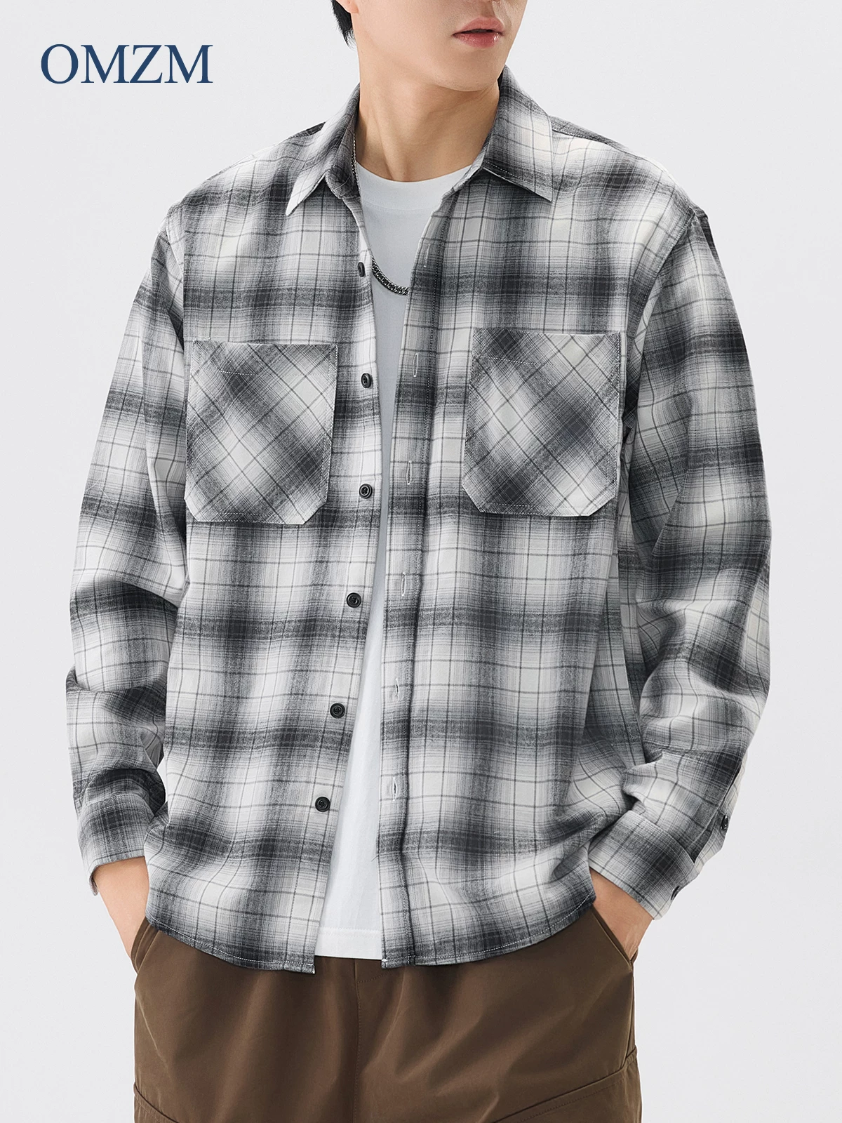 Áo khoác sơ mi flannel hạng nặng OMZM dành cho nam, áo sơ mi kẻ sọc cotton nguyên chất theo phong cách cổ điển Mỹ mùa đông, áo sơ mi ấm áp chải kỹ.