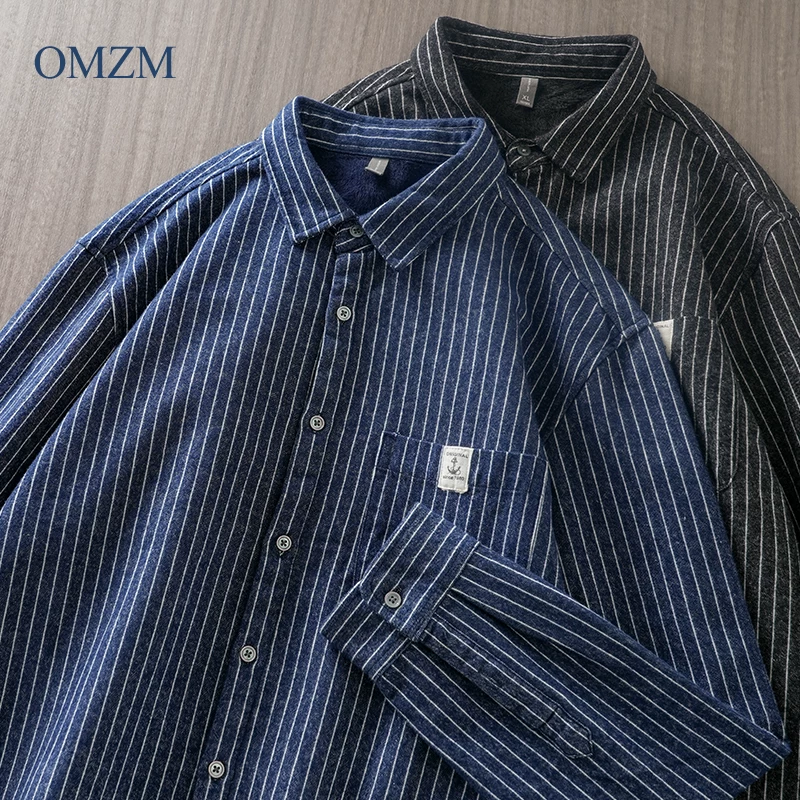 Áo sơ mi sọc lót lông cừu hạng nặng OMZM dành cho nam, dài tay, thu đông, dày dặn, ấm áp, cảm giác cao cấp, áo khoác cotton nguyên chất, dáng rộng.