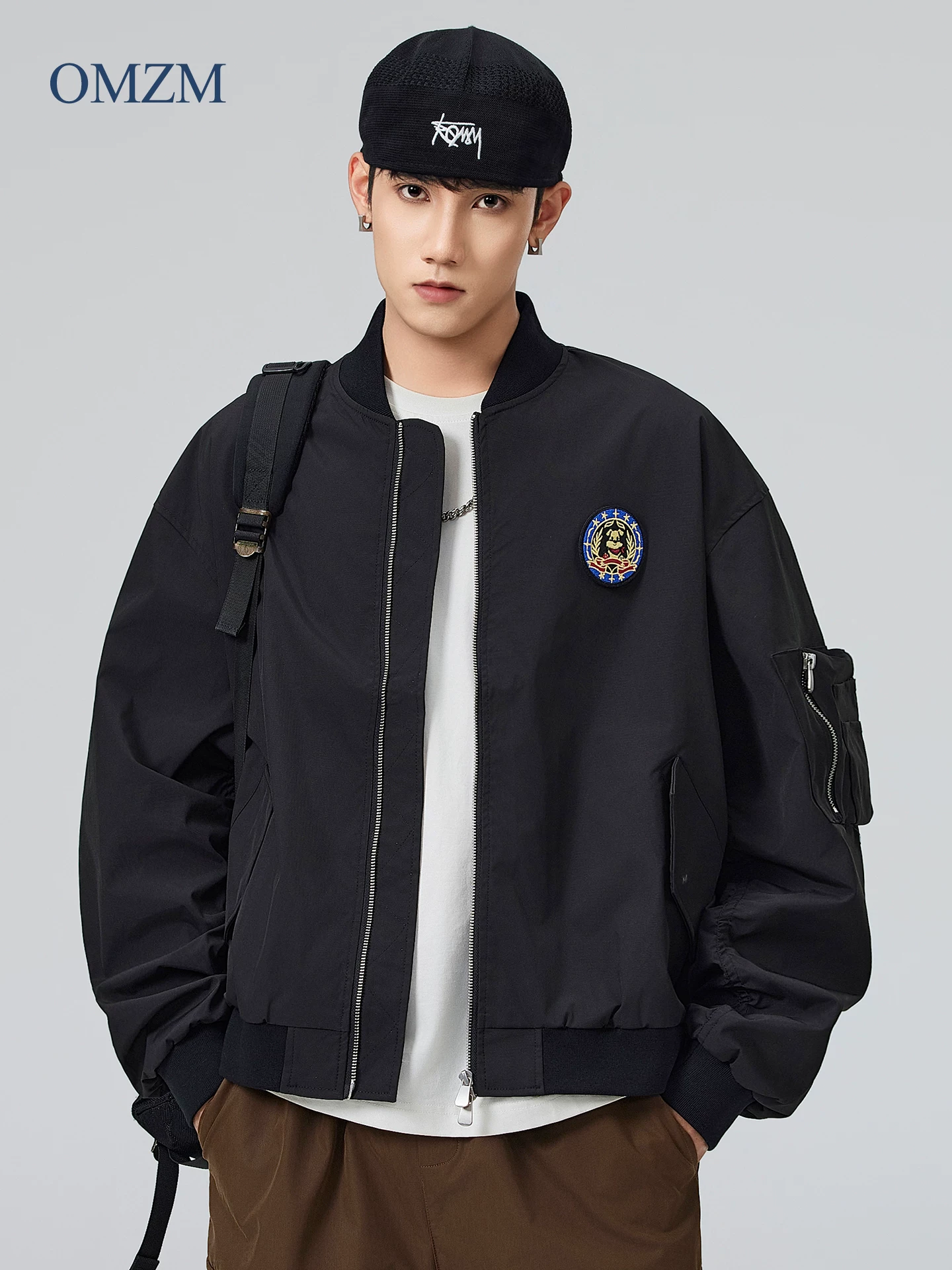 OMZM Áo khoác bóng chày cổ điển của Mỹ áo khoác bomber nam mùa thu đông cổ điển ngắn dáng rộng chống gió phong cách quân đội áo khoác hình bóng