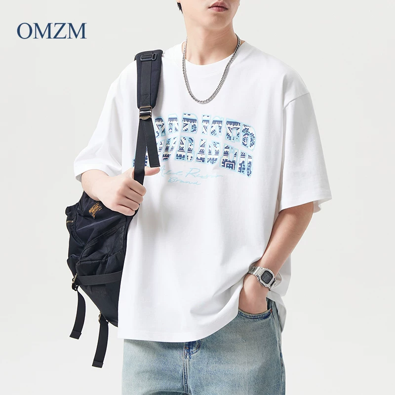 Áo thun ngắn tay bằng cotton nguyên chất hạng nặng OMZM280G dành cho nam, áo thun ngắn tay in chữ phong cách Mỹ mùa hè dành cho giới trẻ thường xuyên