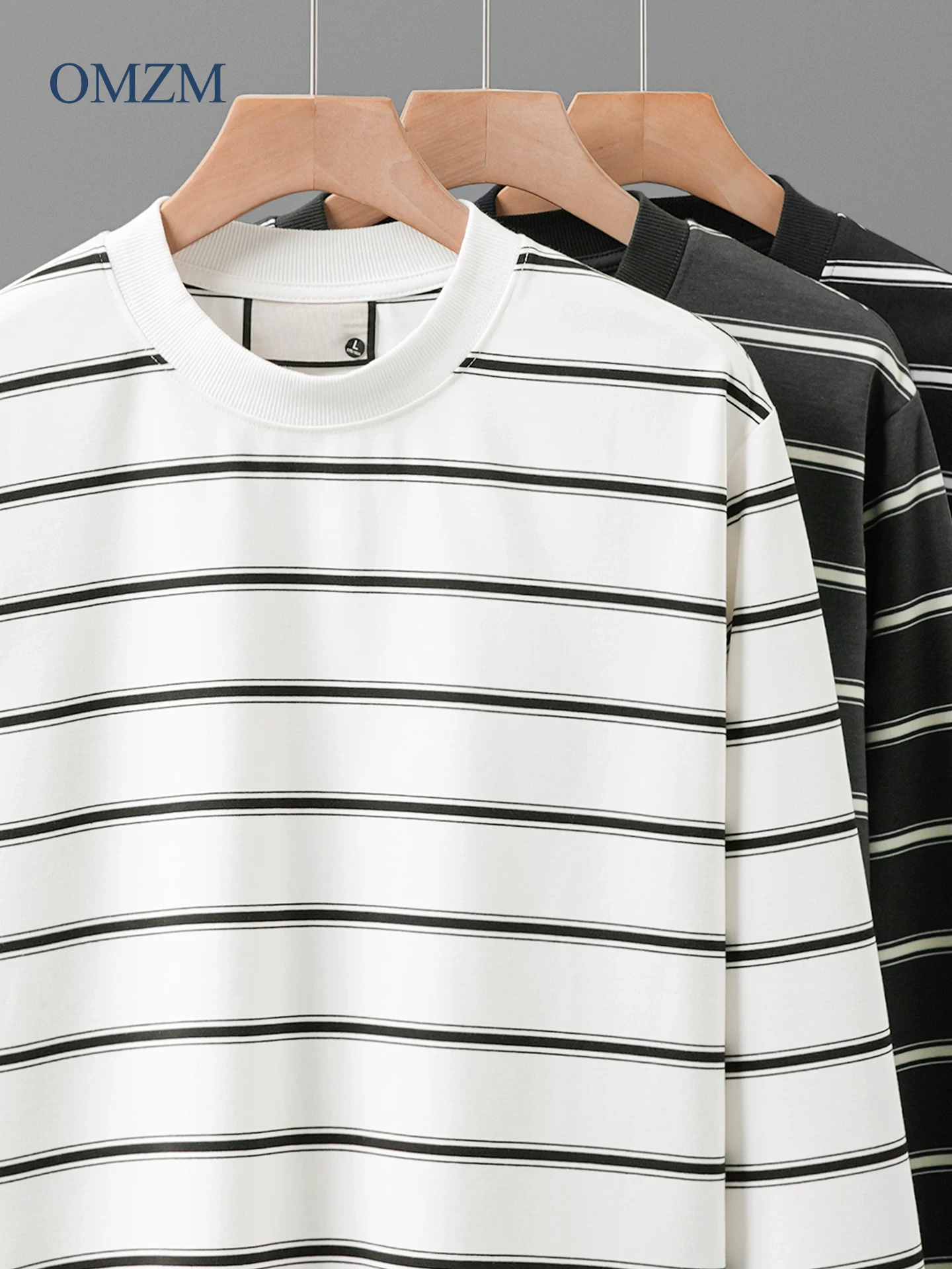 OMZM330G hạng nặng sọc dài tay áo thun nam mùa thu phong cách retro Mỹ dáng rộng giản dị mặc bên trong áo thun cổ tròn